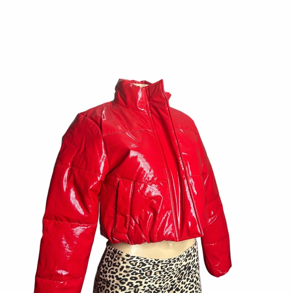 Red Cropped Puffer Jacket - Women's Shiny Winter Coat